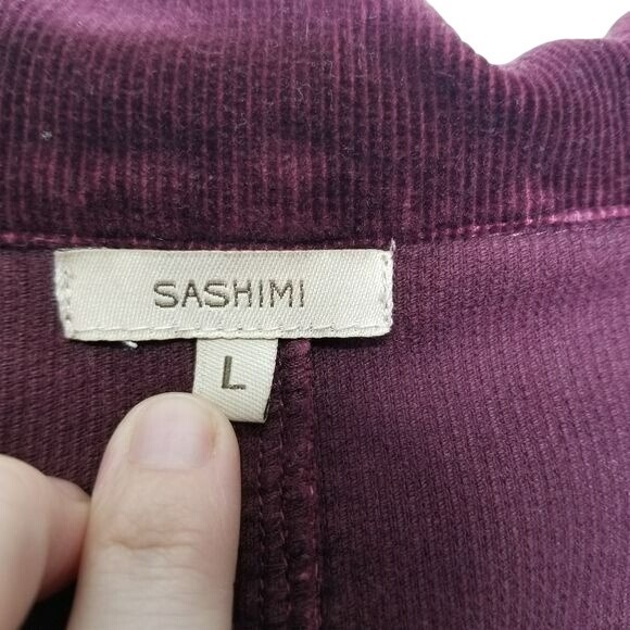 SASHIMI Women's Corduroy Blazer Jacket L Burgundy Ruffle Trimmed Pockets Y2K - Picture 3 of 10